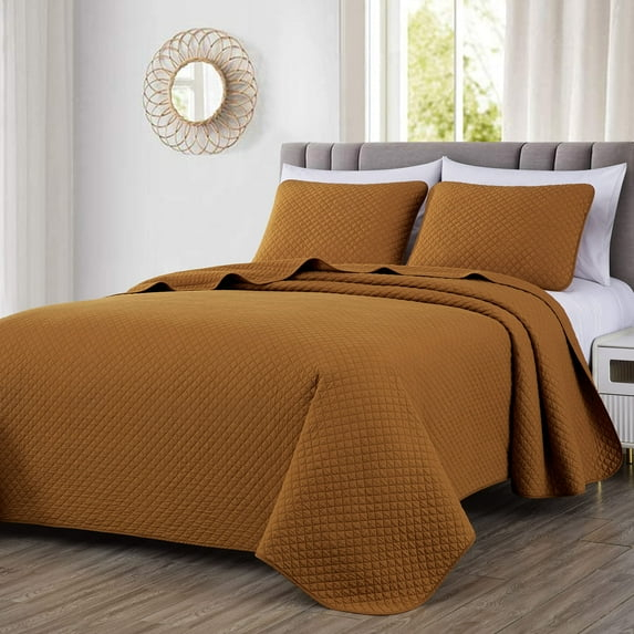 Chezmoi Collection Avon Diamond Geometric Solid Cotton Lightweight Quilt for All Seasons, 3-Piece Quilt Set, Queen, Spice Orange