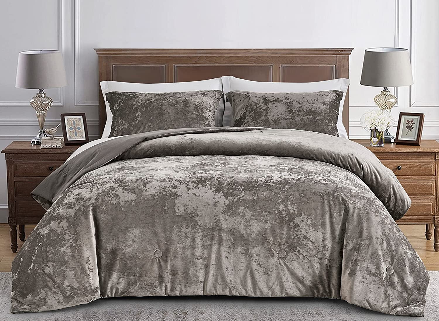 Chezmoi Collection Lux 3-Piece Pewter Gray Shimmer Velvet Bedding Set Full Size Lush Plush Velvet Comforter Set With Soft Brushed Microfiber Reverse