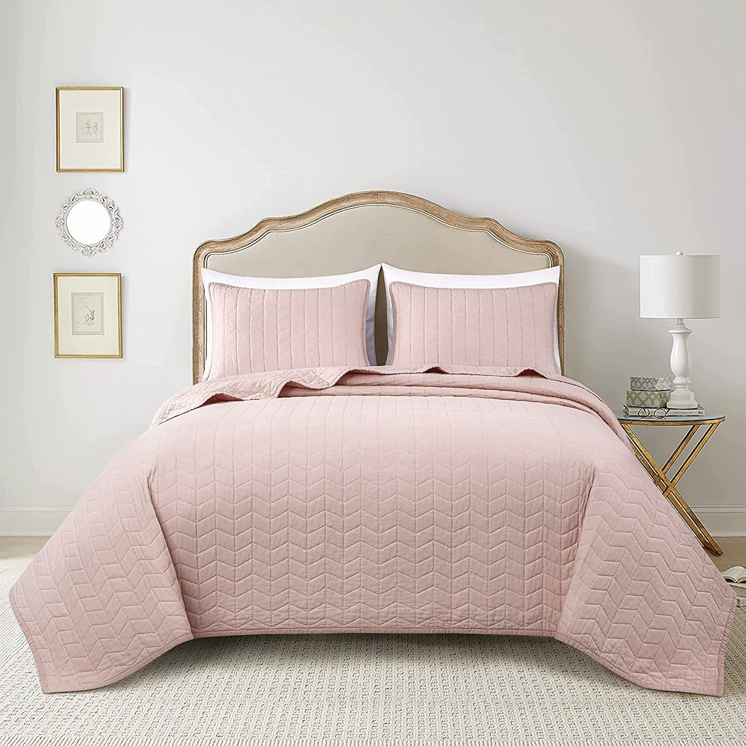 Chezmoi Collection Madrid Herringbone Geometric Solid Cotton Lightweight Quilt, 3-Piece Quilt Set, King, Blush