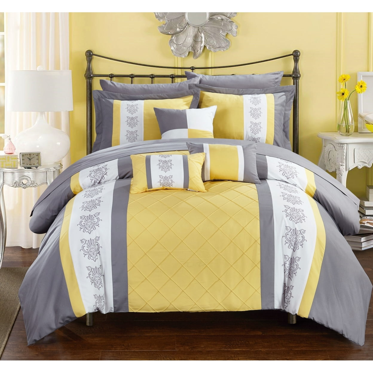 Chic Home 8/10 Piece Adam Pintuck Pieced Color Block Embroidery Bed In a Bag Comforter Set With sheet set