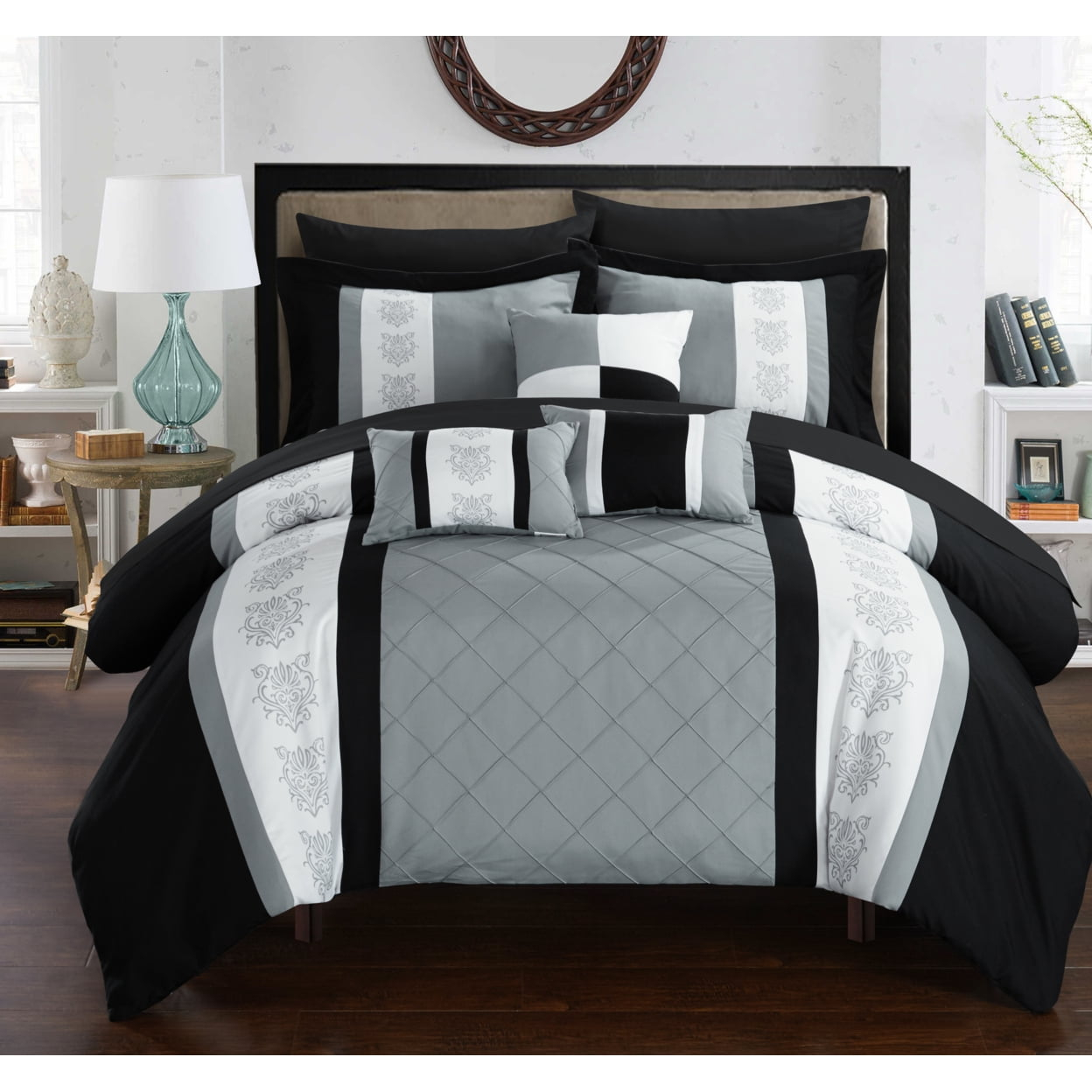 Chic Home 8/10 Piece Adam Pintuck Pieced Color Block Embroidery Bed In a Bag Comforter Set With sheet set