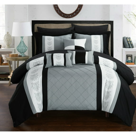 Chic Home 8/10 Piece Adam Pintuck Pieced Color Block Embroidery Bed In a Bag Comforter Set With sheet set
