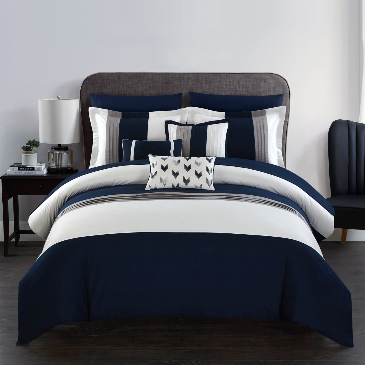 Chic Home Ayelet Classic 10 Piece Blue Color Block Bed in a Bag, Queen