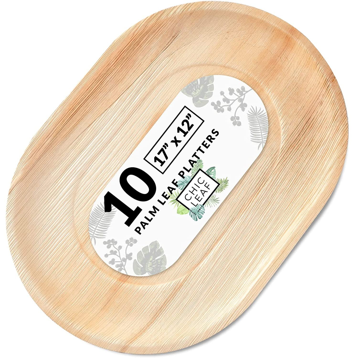 Chic Leaf Disposable Palm Leaf Trays, 17" x 12", 10 Pack, Compostable, Eco-Friendly Platters Charcuterie Board