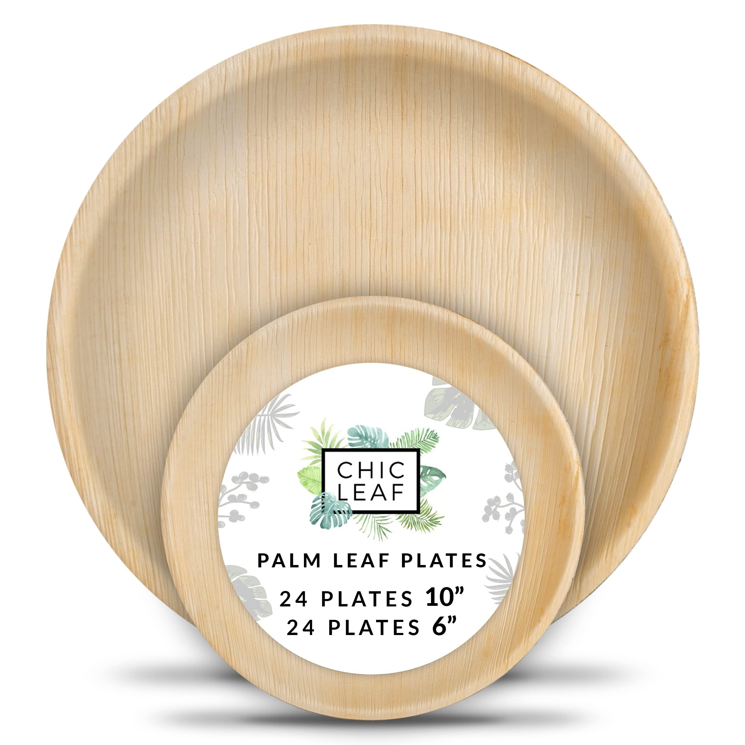Chic Leaf, Compostable & Disposable Plates, Round, Natural Color, Palm Leaf, 48 Pc, 10” & 6”