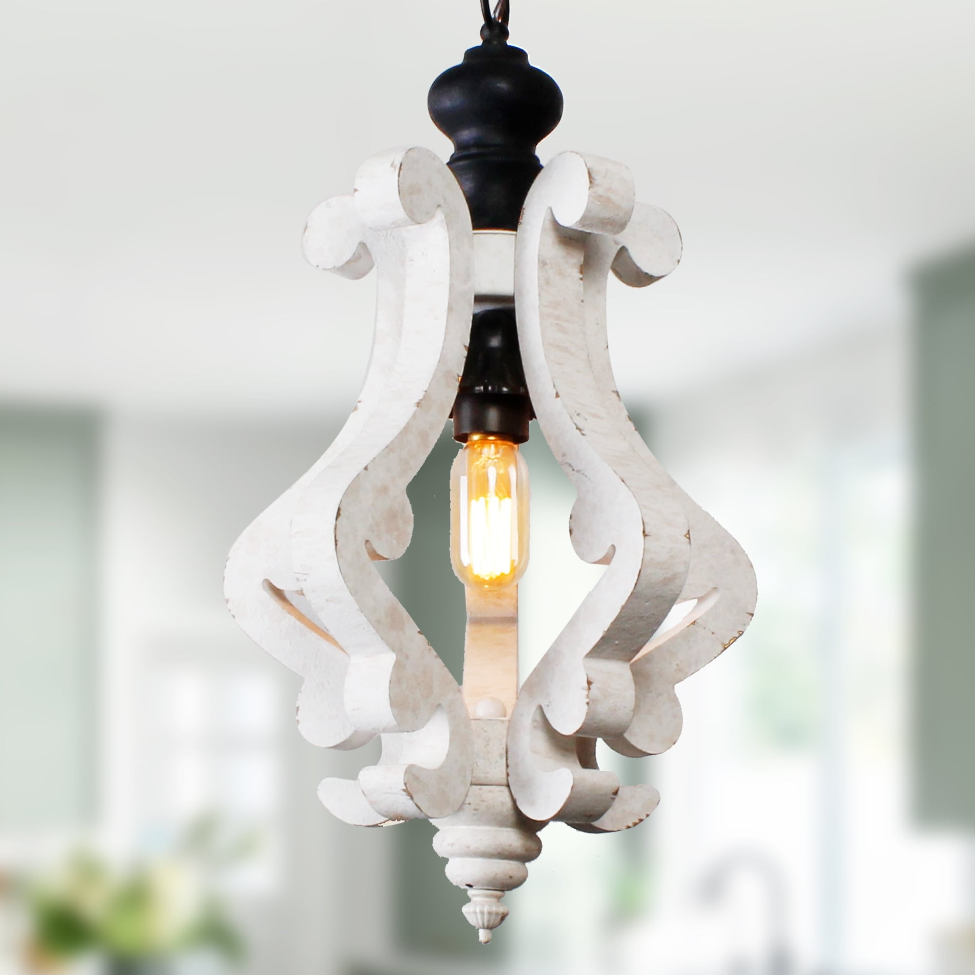 Wooden Chandelier Pendant Light with Adjustable Chain Lighting Fixture for Farmhouse Living Room