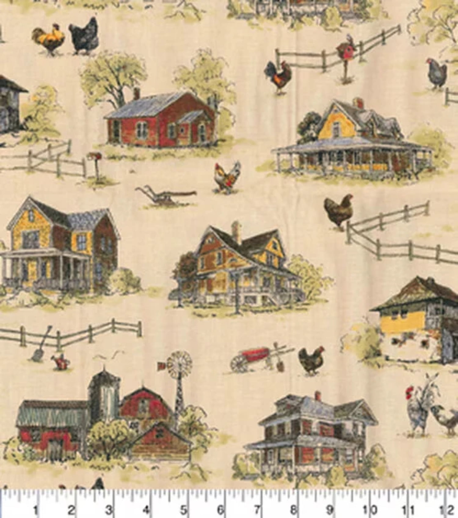 Chickens On Farm Tan Cotton Fabric
