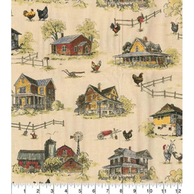 Chickens On Farm Tan Cotton Fabric