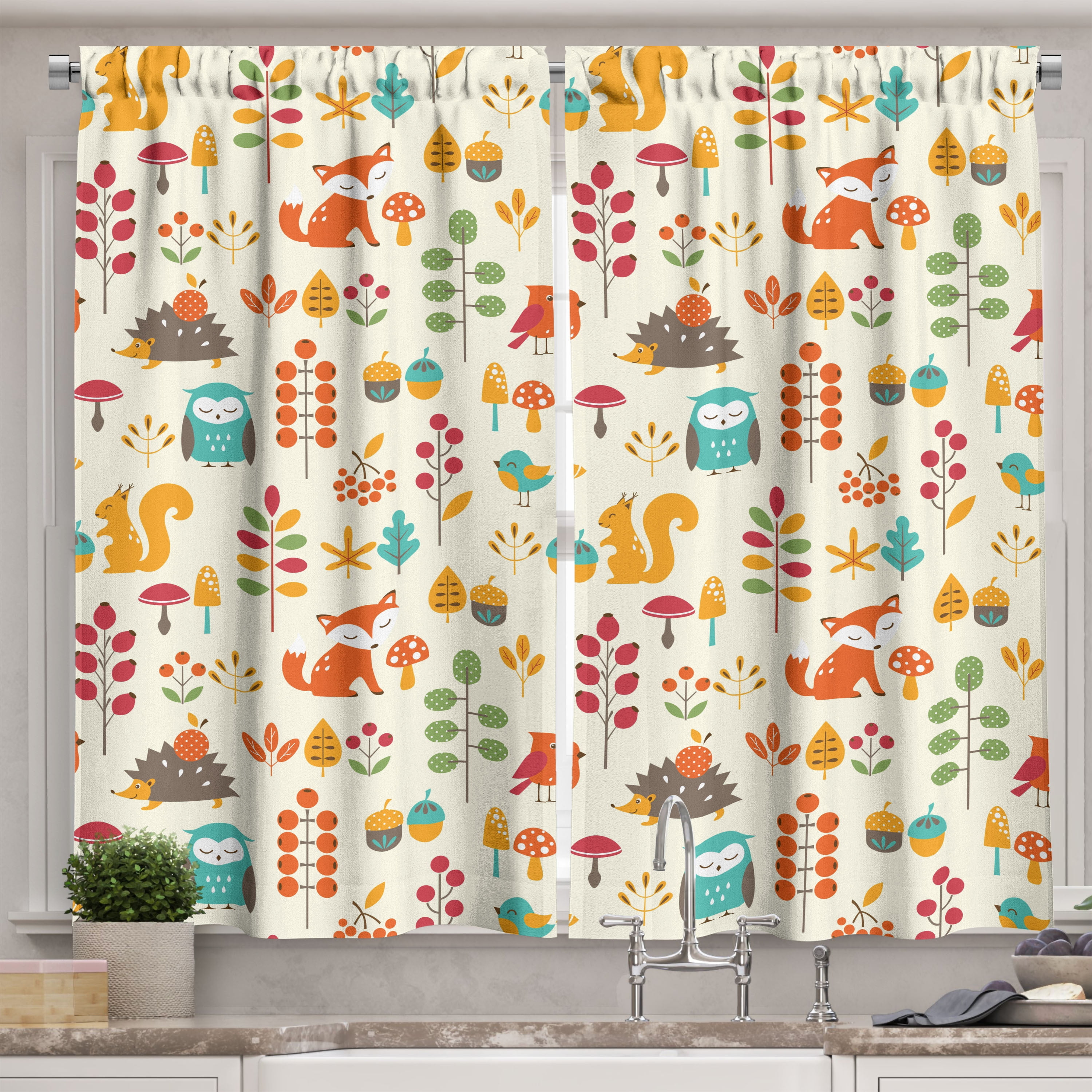 Children Curtains 2 Panels Set, Cute Kids Autumn Pattern with Owl Fox Squirrel Birds Animal Leaves Artsy Print, Window Drapes for Living Room Bedroom, 55W X 39L Inches, Multicolor, by Ambesonne
