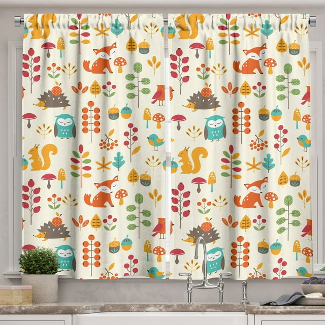 Children Curtains 2 Panels Set, Cute Kids Autumn Pattern with Owl Fox Squirrel Birds Animal Leaves Artsy Print, Window Drapes for Living Room Bedroom, 55W X 39L Inches, Multicolor, by Ambesonne