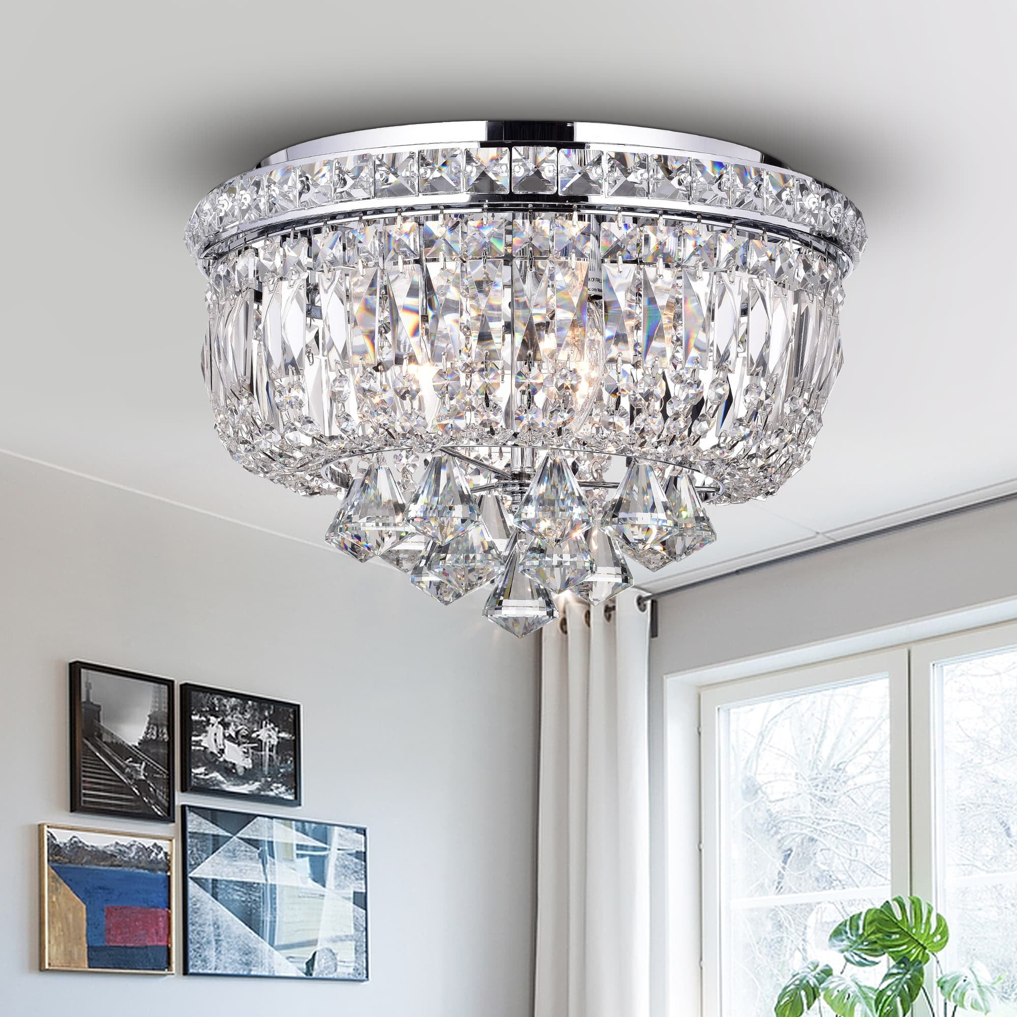 Chimory Chrome and Crystal 14-inch Round Ceiling Lamp