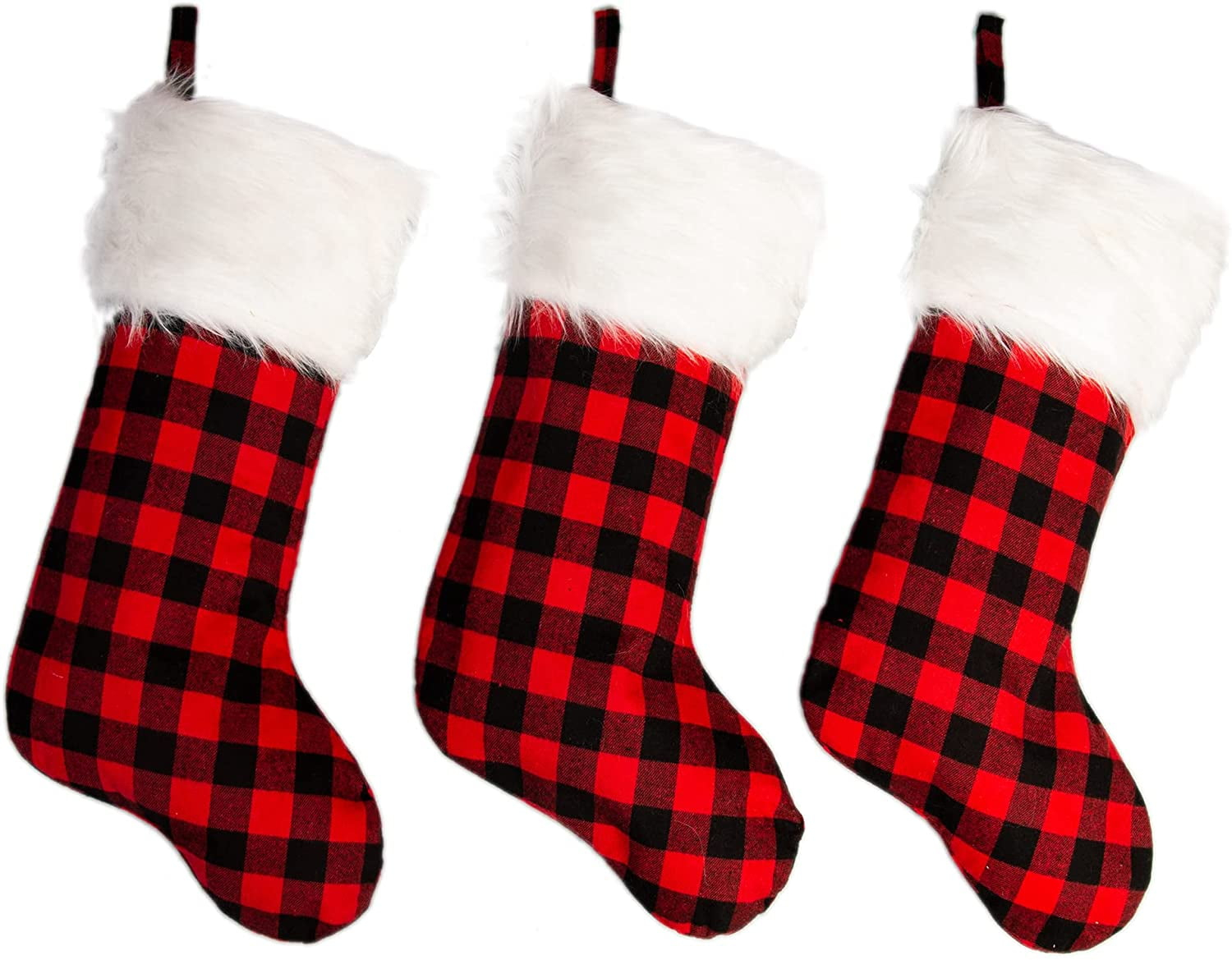 Chirstmas Stockings 3 Pack 18 Inch, Large Buffalo Plaid Xmas Stockings with Faux Fur Cuff, Country Rustic Holiday Indoor Decorations for Family