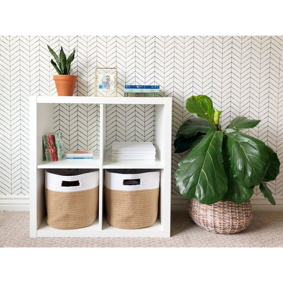 Chloe and Cotton Jute Baskets with Handles for Organizing Storage - Beige/White - Set of 2