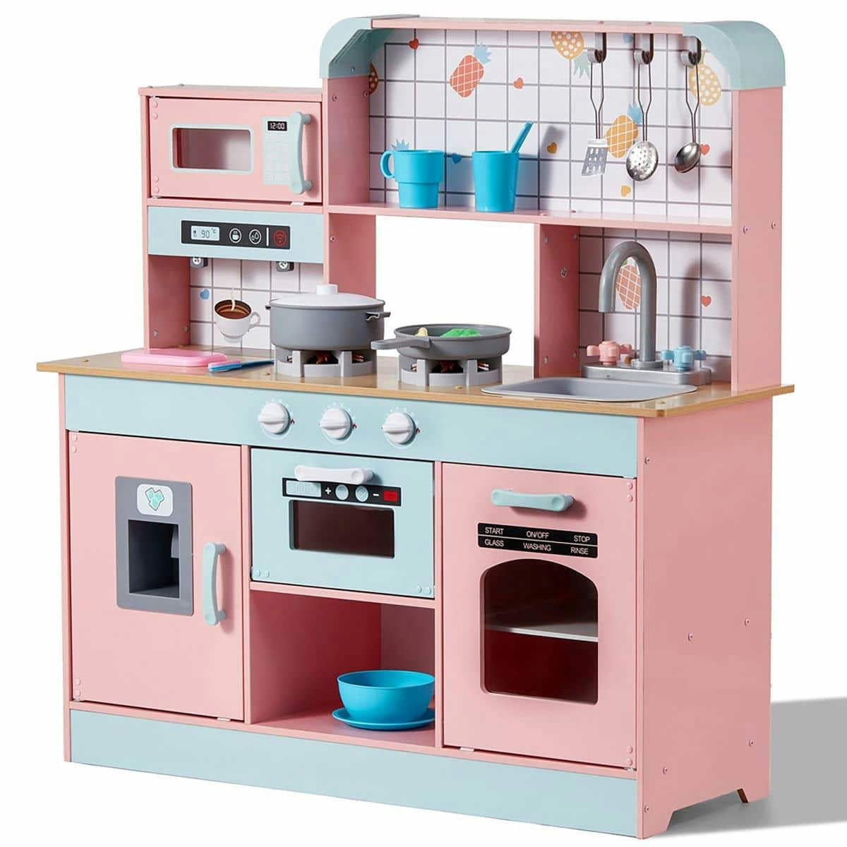 VEVOR Play Kitchen for Kids, Wooden Toy Kitchen Set with Lights and Sounds, Toddler Kitchen with Ice Maker, Oven, Sink, Microwaves, Fridge and Utensil and Fruit Accessory for Toddlers ages 3-8, Pink