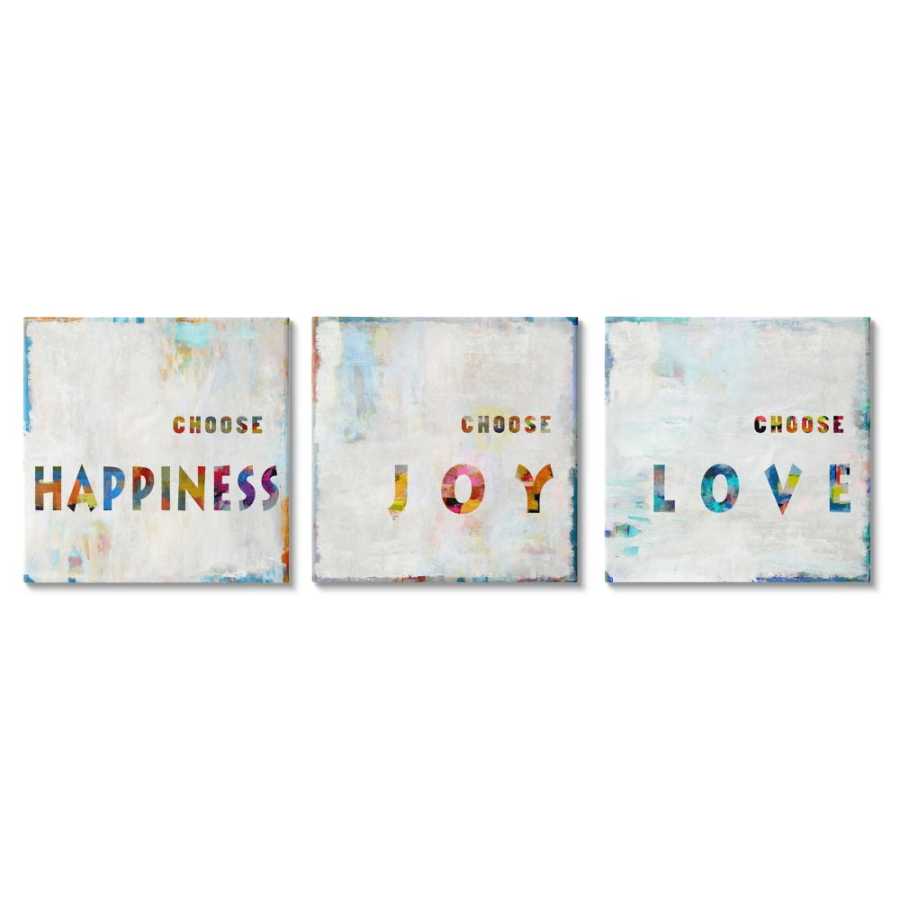 Choose Happiness Joy and Love Colorful Inspirational Phrase Art for Kids Gallery-Wrapped Canvas Print Wall Art, Set of 3, 17x17