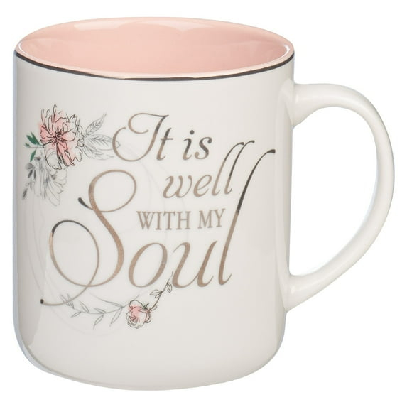 Christian Art Gifts Ceramic Coffee Mug for Women: It is Well with My Soul - Inspirational Song and Hymn, Light Floral Pink and White, 14 oz.