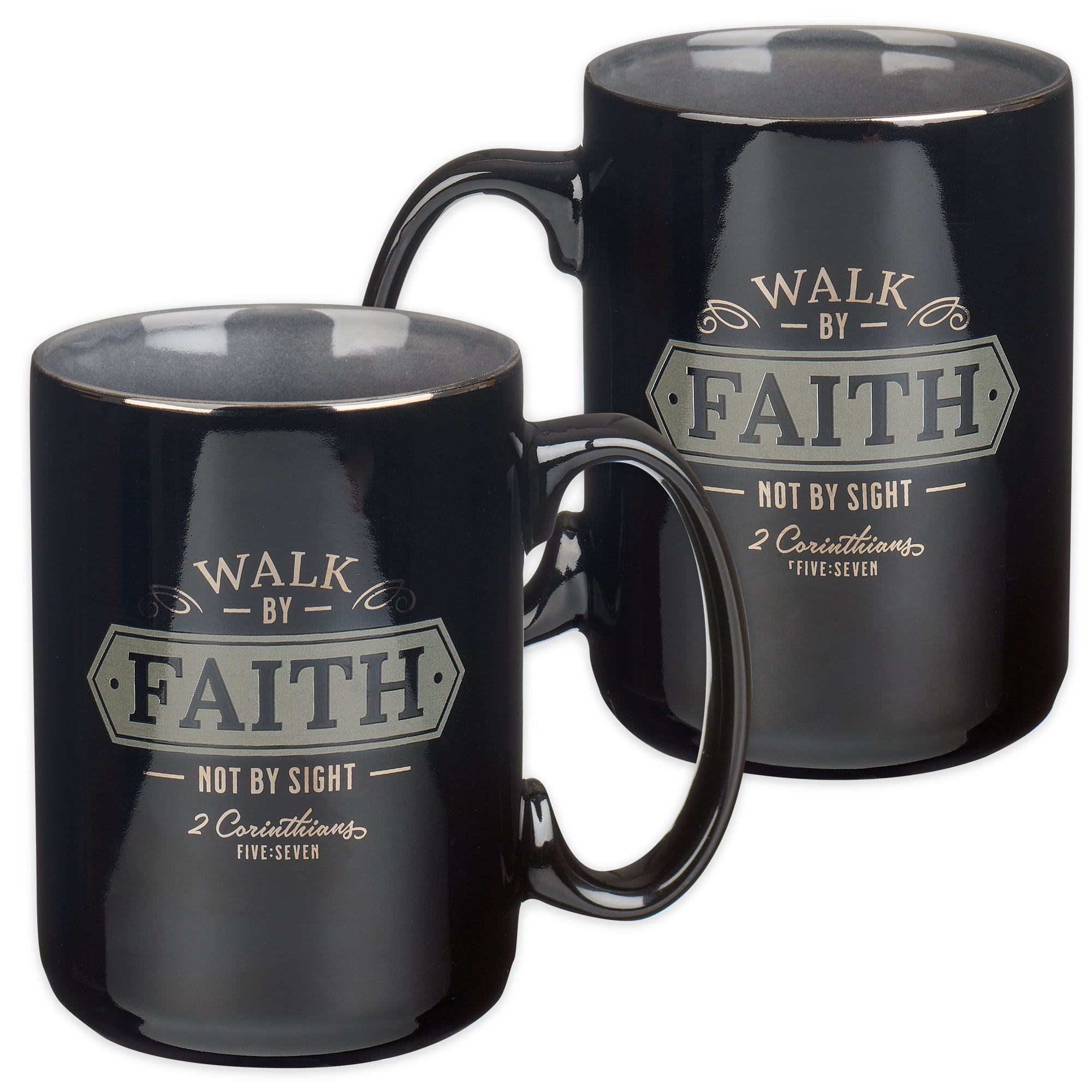 Christian Art Gifts Large Ceramic Bible Verse Coffee & Tea Mug for Men: Walk by Faith - 2 Corinthians 5:7 Inspirational Scripture, Non-toxic & Lead-free Novelty Drinkware, Black/Gray w/Silver, 14 oz.