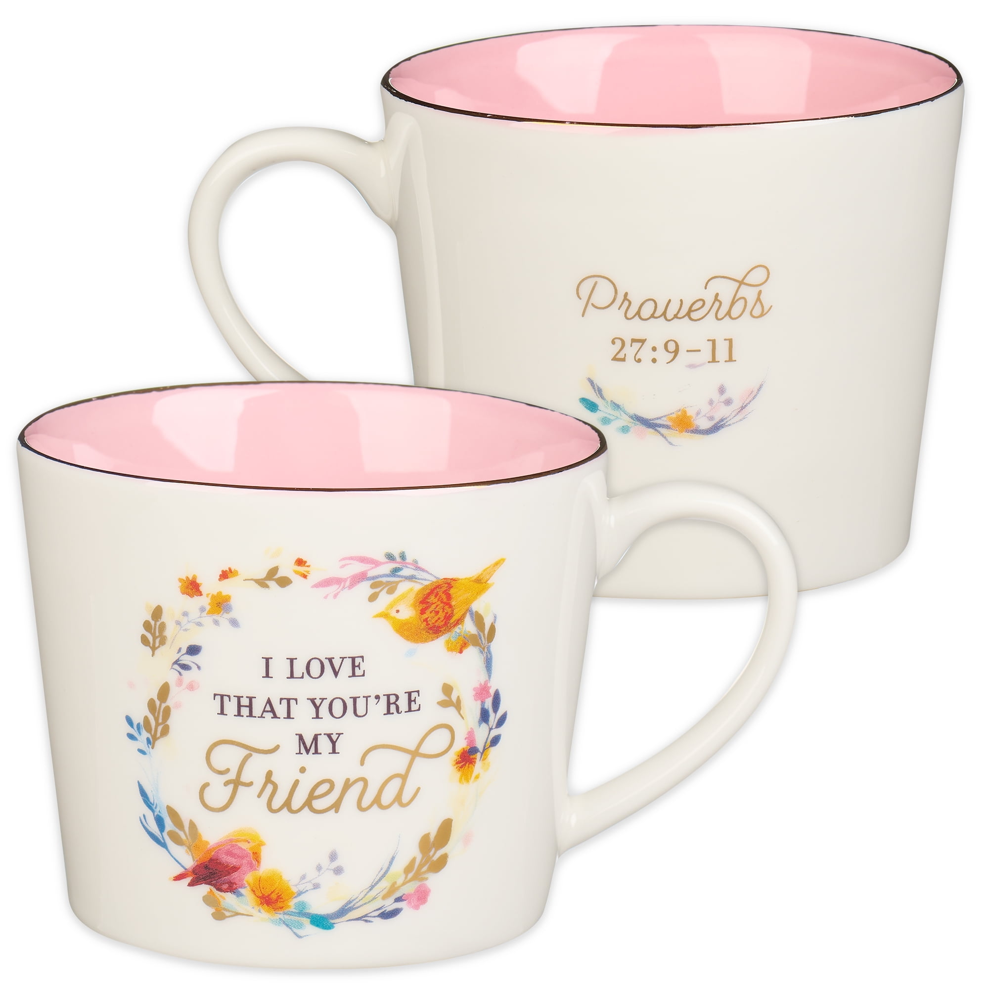 Christian Art Gifts Novelty Ceramic Floral Coffee & Tea Mug for Women: I Love that You're My Friend - Prov. 27:9 Inspirational Scripture, Lead-free Multicolor w/Birds & Gold Design, White/Pink, 13 oz.