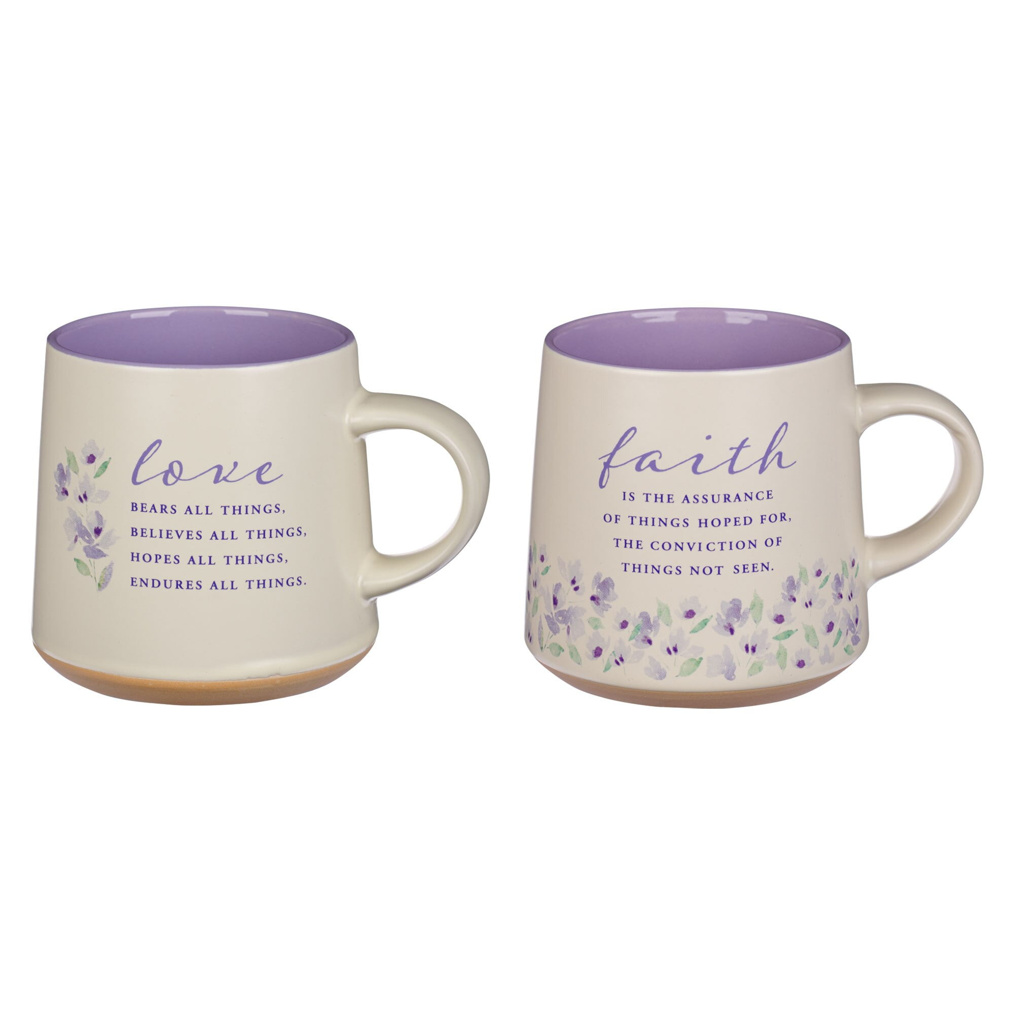 Christian Art Gifts Novelty Floral Ceramic Coffee & Tea Mug Set for Women: Faith & Love w/Encouraging Scripture, Microwave/Dishwasher Safe w/Clay Base - Set of 2 Large 14 oz. Cups, Lilac Purple/White