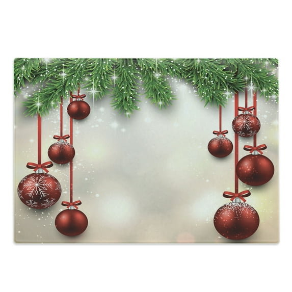 Christmas Cutting Board, Xmas Traditional Winter Season Theme Fir Twigs and Vibrant Balls Graphic Print, Decorative Tempered Glass Cutting and Serving Board, Large Size, Red Green, by Ambesonne