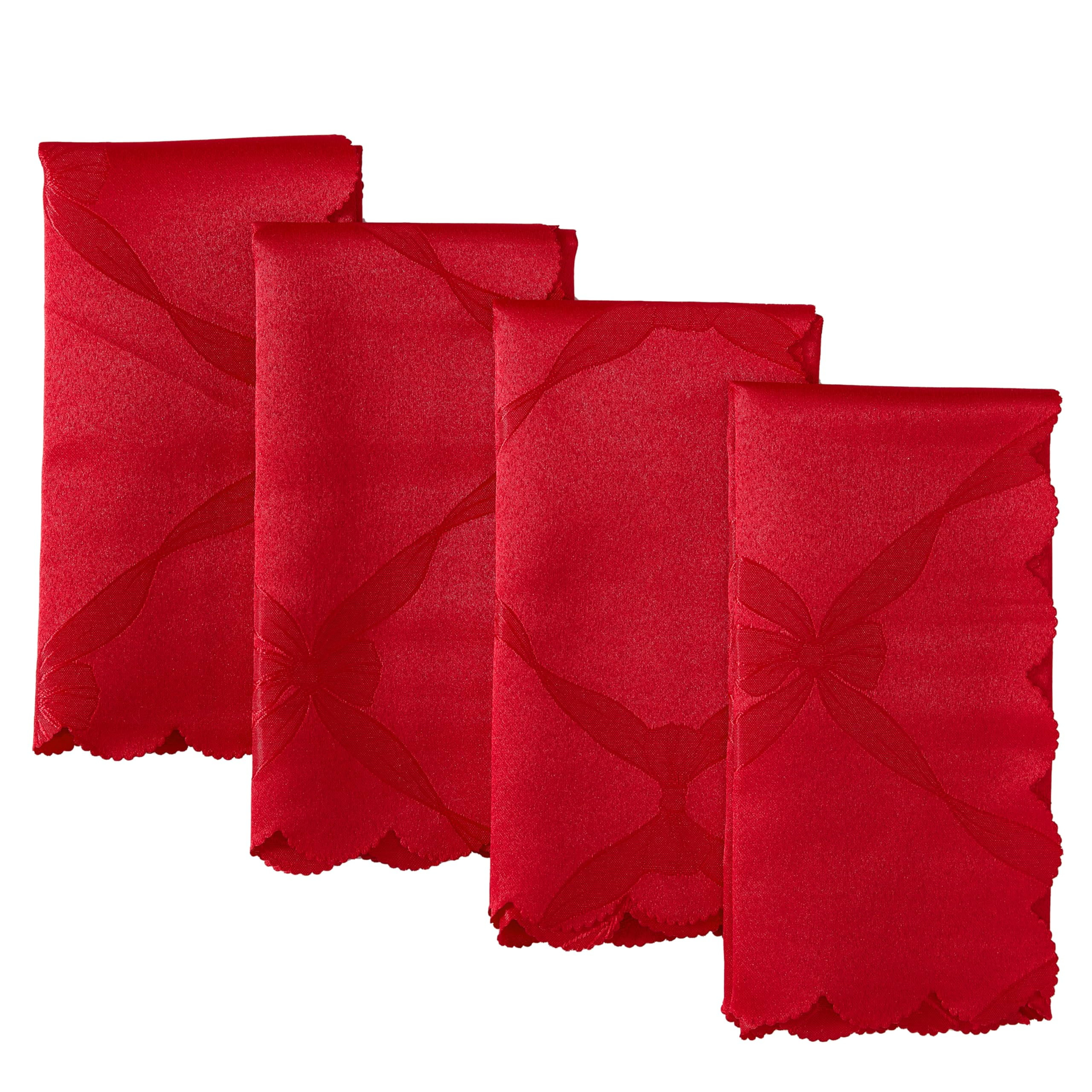 Christmas Holiday Red Ribbons and Bows Damask Set of 4 Fabric Napkins