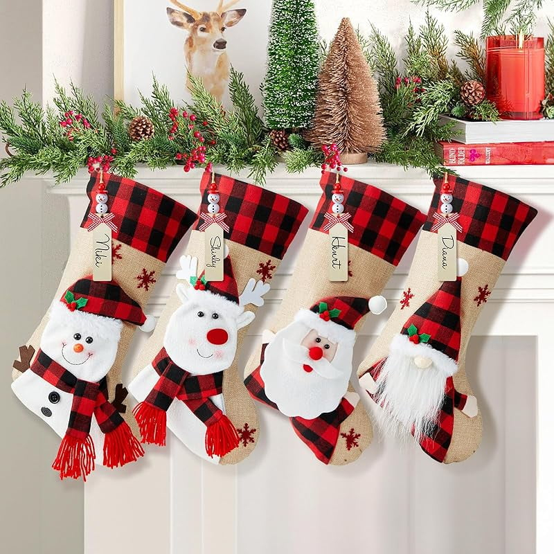 Christmas Stockings with Personalized Name Tag, 4 Pack 18" Christmas Stocking Snowman Deer Santa Gnome Burlap Plaid Xmas Stocking Holiday Christmas Decoration Gifts for Family