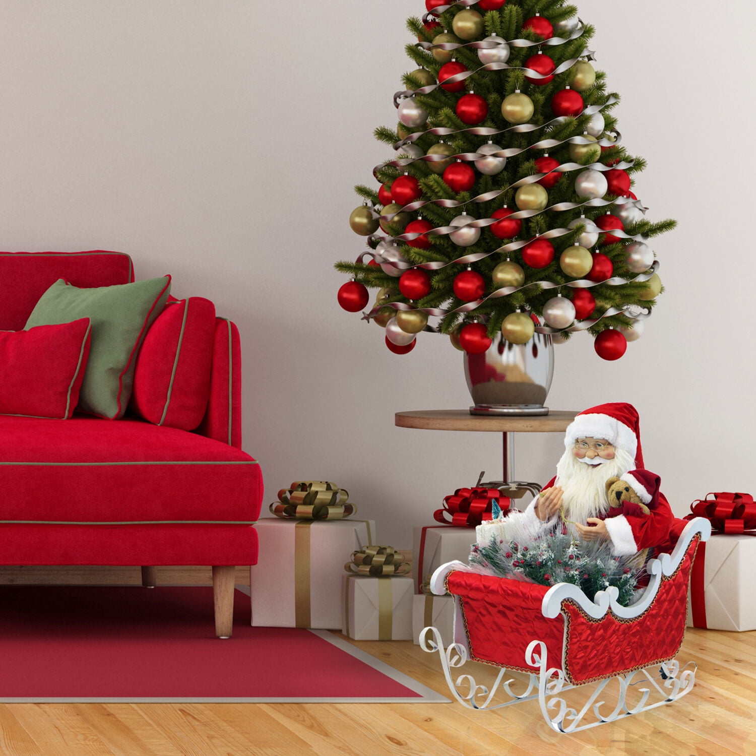 Christmas Time 28-In. Music, Lights, and Motion Santa Claus in his Sleigh | Animated Indoor Christmas Holiday Home Decor | CT-SC036-1RD