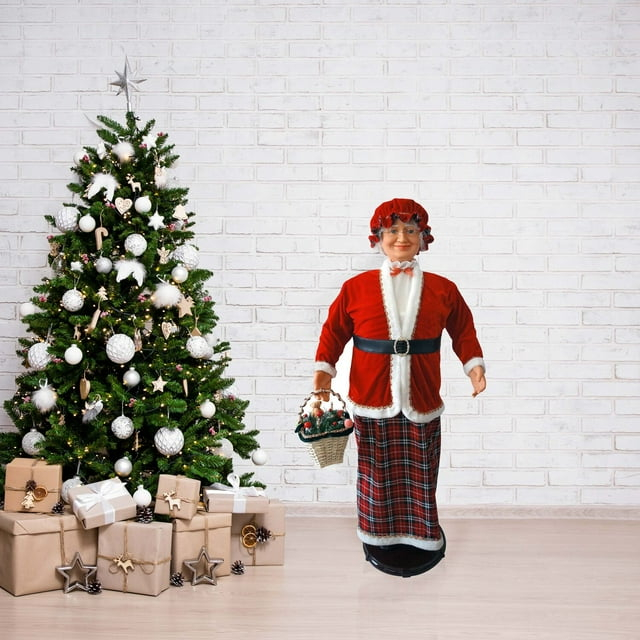 Christmas Time 58-In. Dancing Mrs. Claus with Tartan Skirt and Gift Basket | Animated Indoor Christmas Holiday Home Decor | CT-AMC058M-13RED