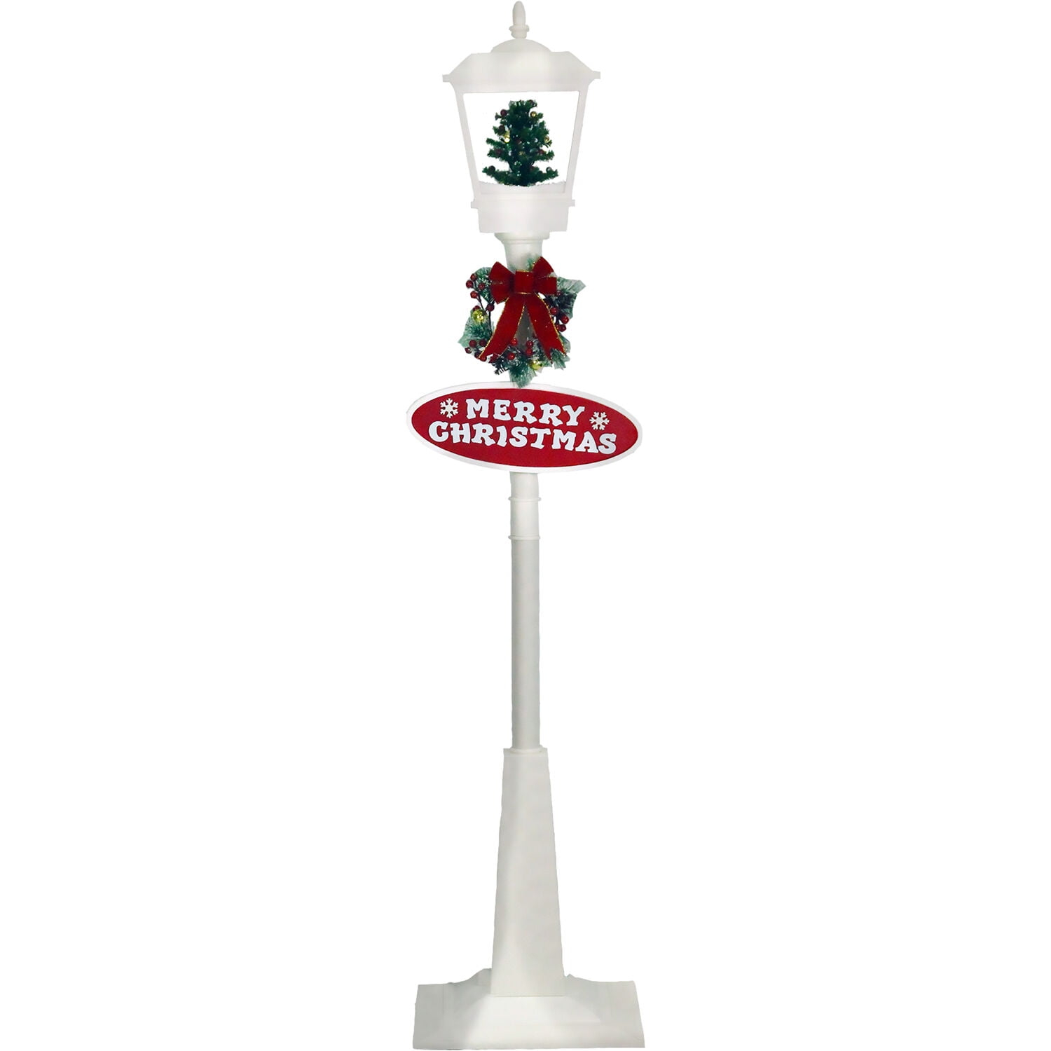 Christmas Time 71-In. Musical Snowy Street Lamp | Christmas Tree Scene, 2 Signs, Cascading Snow, and Holiday Songs | White | CT-SL071A-WHT