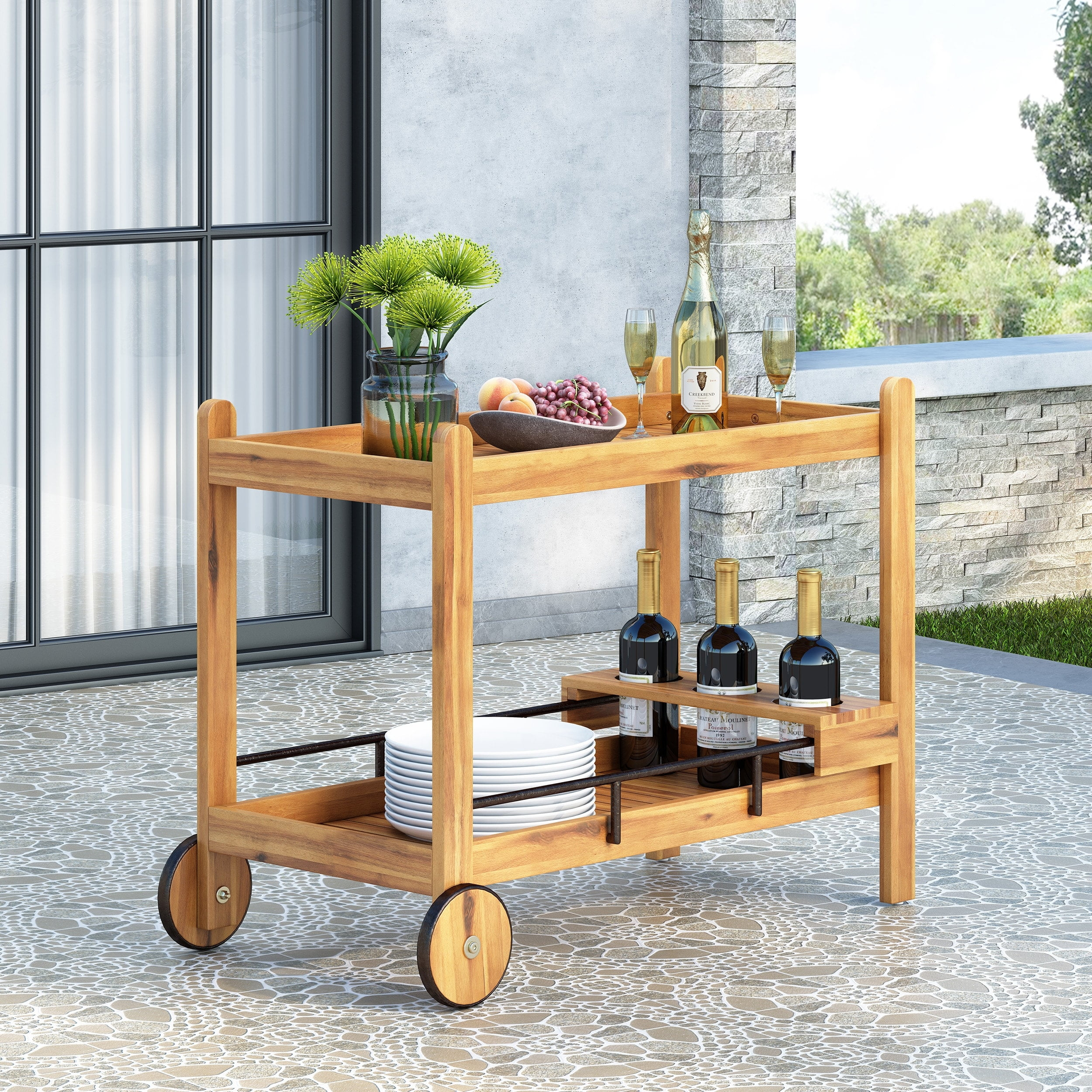 Christopher Knight Home Bavier Outdoor  Acacia Wood 2 Tiered Bar Cart with Bottle Holders by
