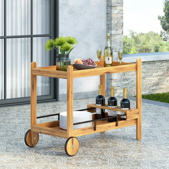 Christopher Knight Home Bavier Outdoor  Acacia Wood 2 Tiered Bar Cart with Bottle Holders by