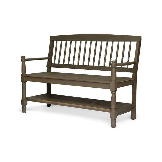 GDF Studio Kuhn Outdoor Acacia Wood Bench with Shelf, Gray