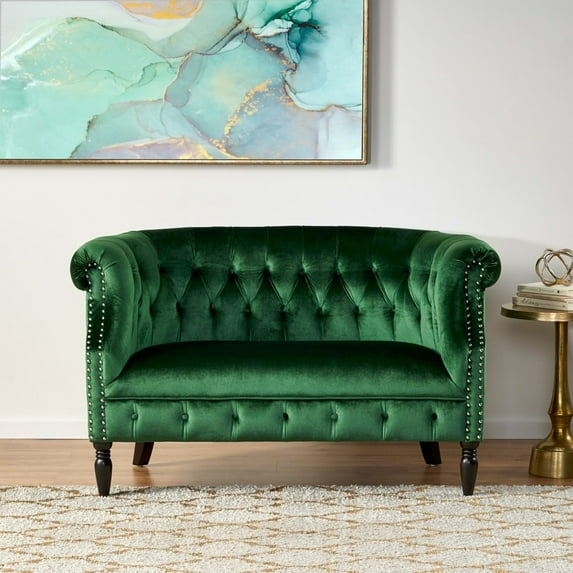 Christopher Knight Home Milani Velvet Tufted Scroll Arm Loveseat by  green