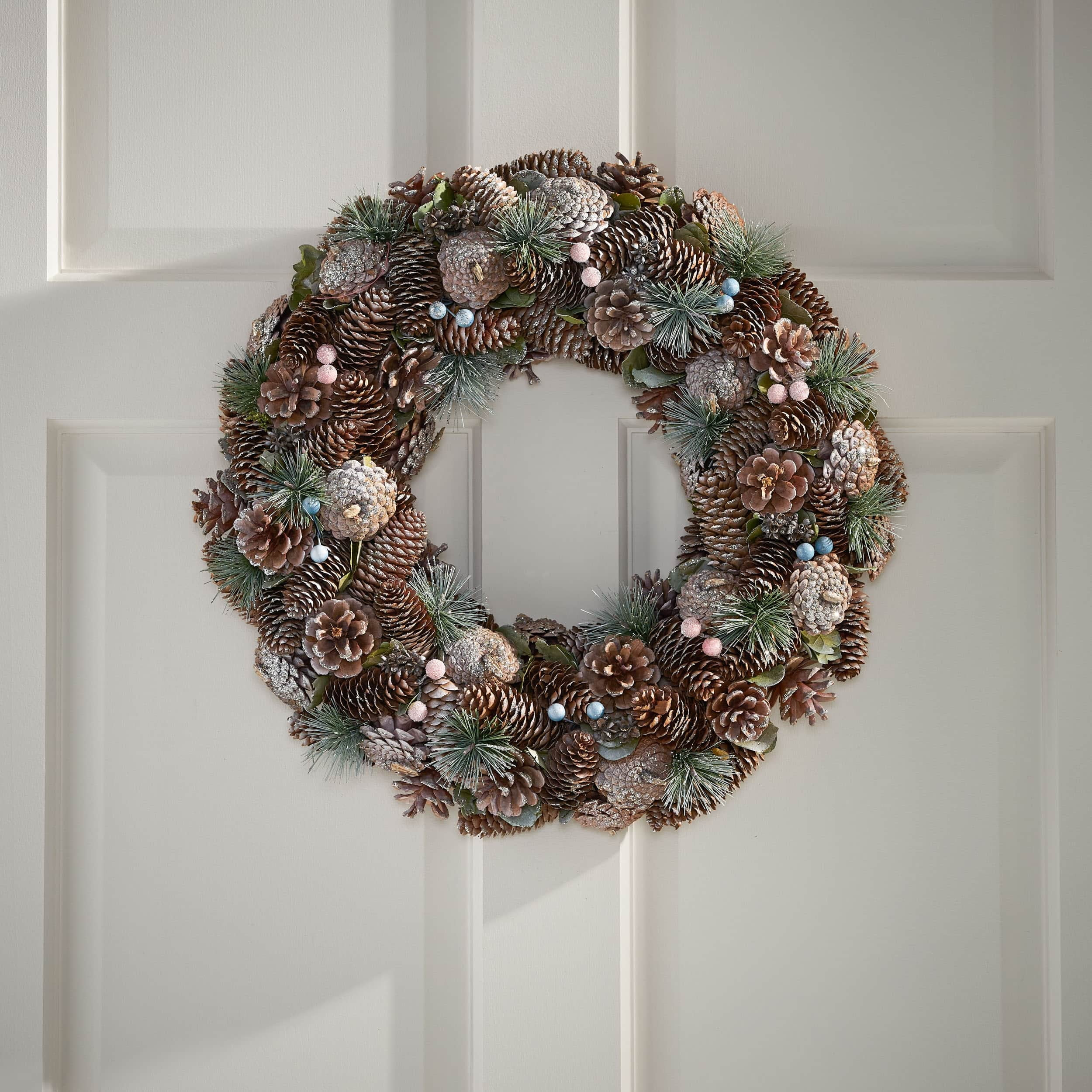 Christopher Knight Home Modern 18.5" Pine Cone and Glitter Artificial Christmas Wreath, Natural and White by