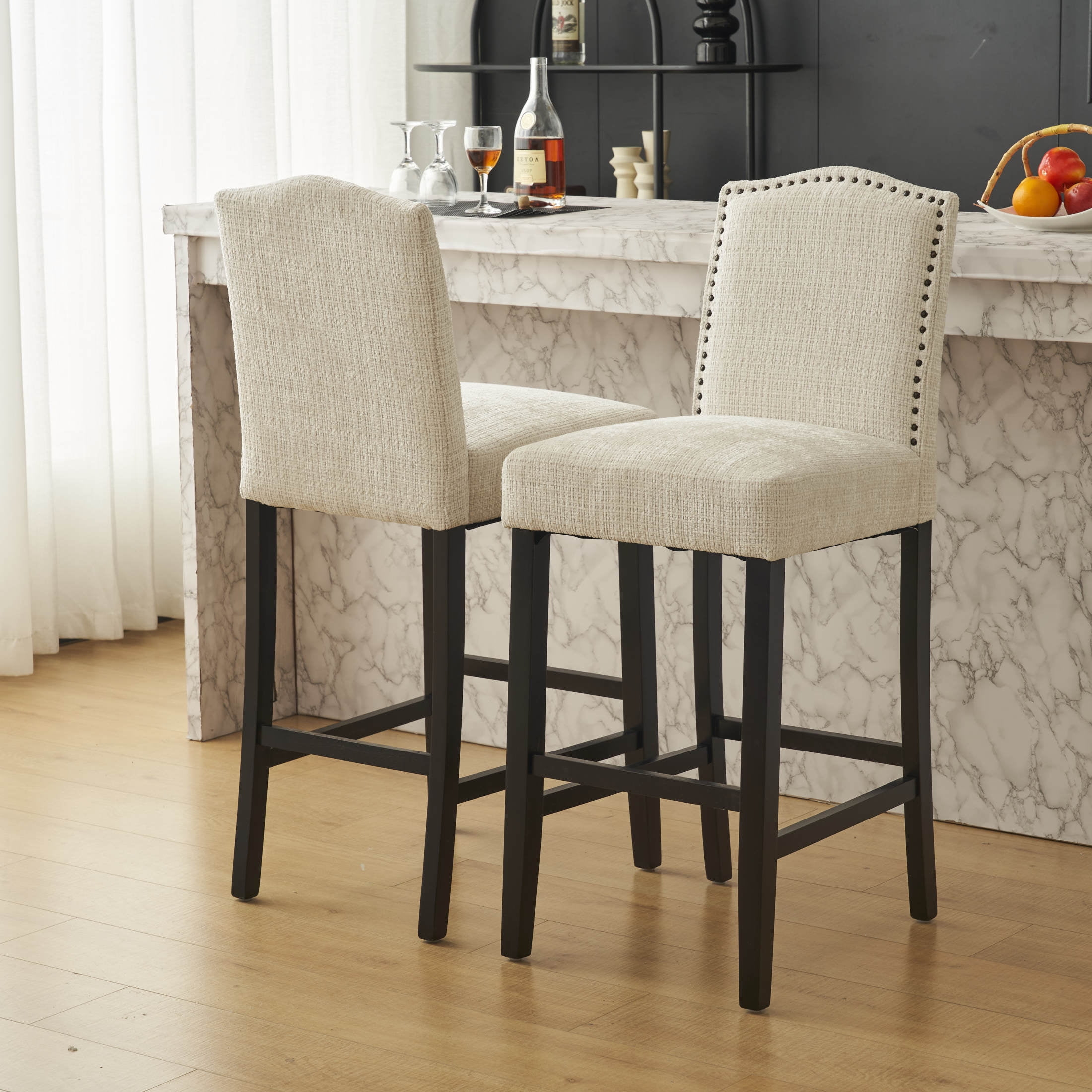 Christopher Knight Home Transitional 30.75" Fabric Upholstered Bar Stools with Solid Wood Frame, Beige, Set of 2