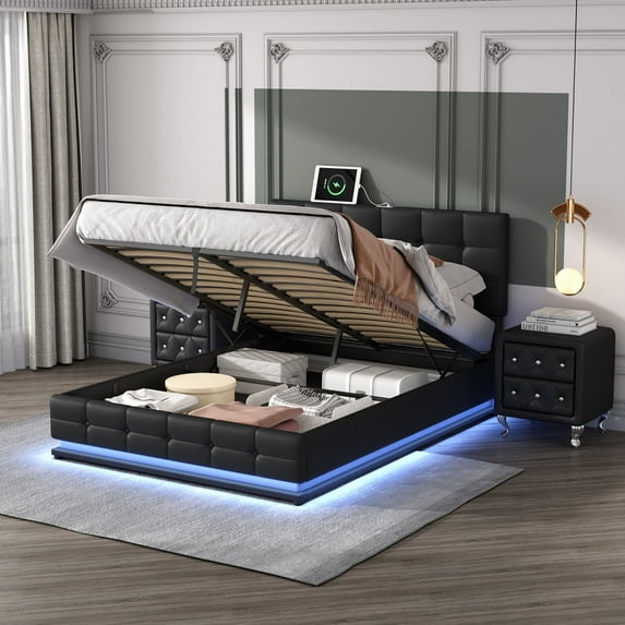 Harper & Bright Designs 3 Pieces Bedroom Sets Queen Size Upholstered Platform Bed with Gas Lift up Storage, LED Lights and USB Charger, PU Tufted Queen Bed with Hydraulic Storage System, Black