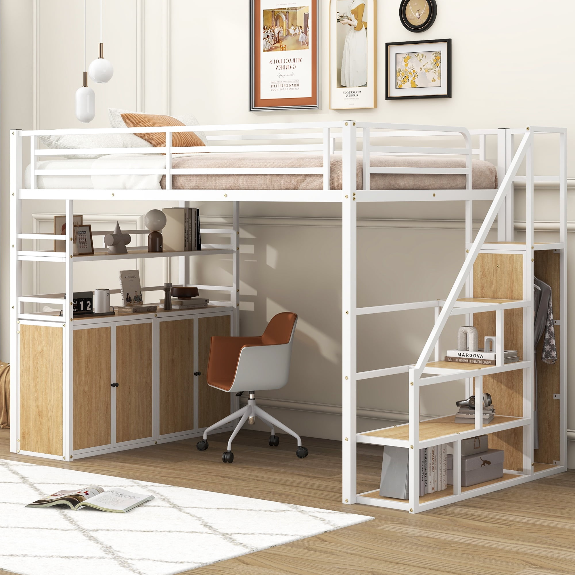 Loft Bed Full Size with Stairs,Metal Full Loft Bed with Wardrobe,Heavy Duty High Loft Bed with Shelves and Storage Lockers for Teens, Adults, Space Saving,White