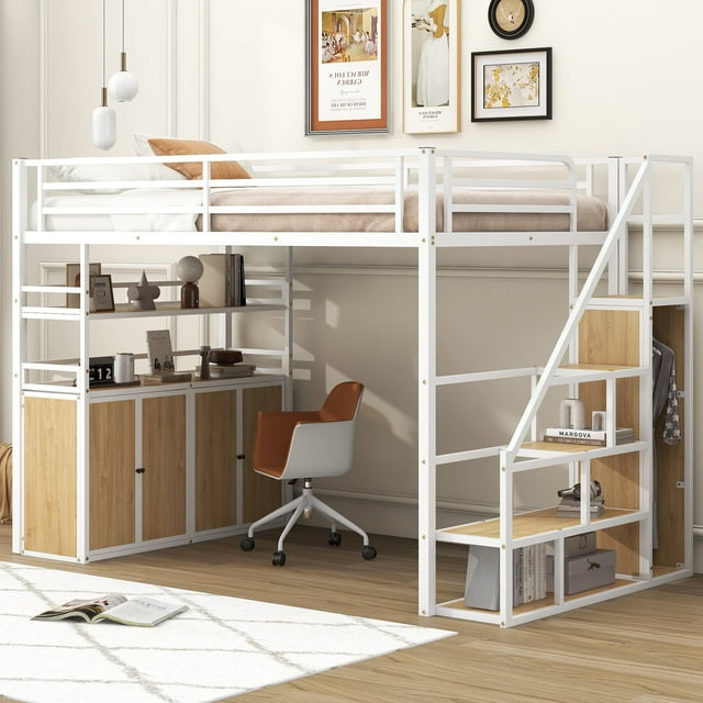 Loft Bed Full Size with Stairs,Metal Full Loft Bed with Wardrobe,Heavy Duty High Loft Bed with Shelves and Storage Lockers for Teens, Adults, Space Saving,White