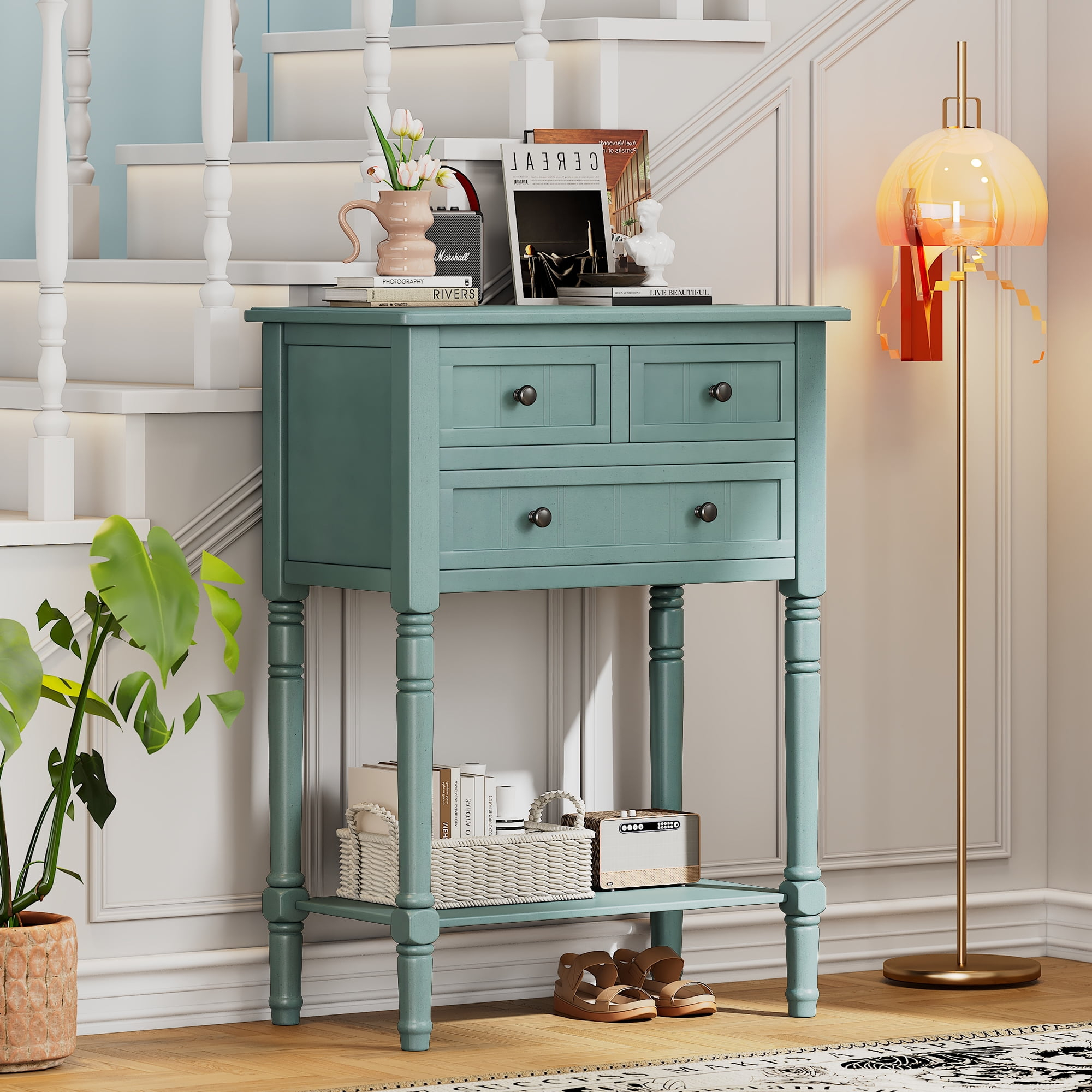 Churanty Narrow Console Table with Storage Drawers and Bottom Shelf for Entryway Living Room, Retro Console Table for Small Space, Light Blue