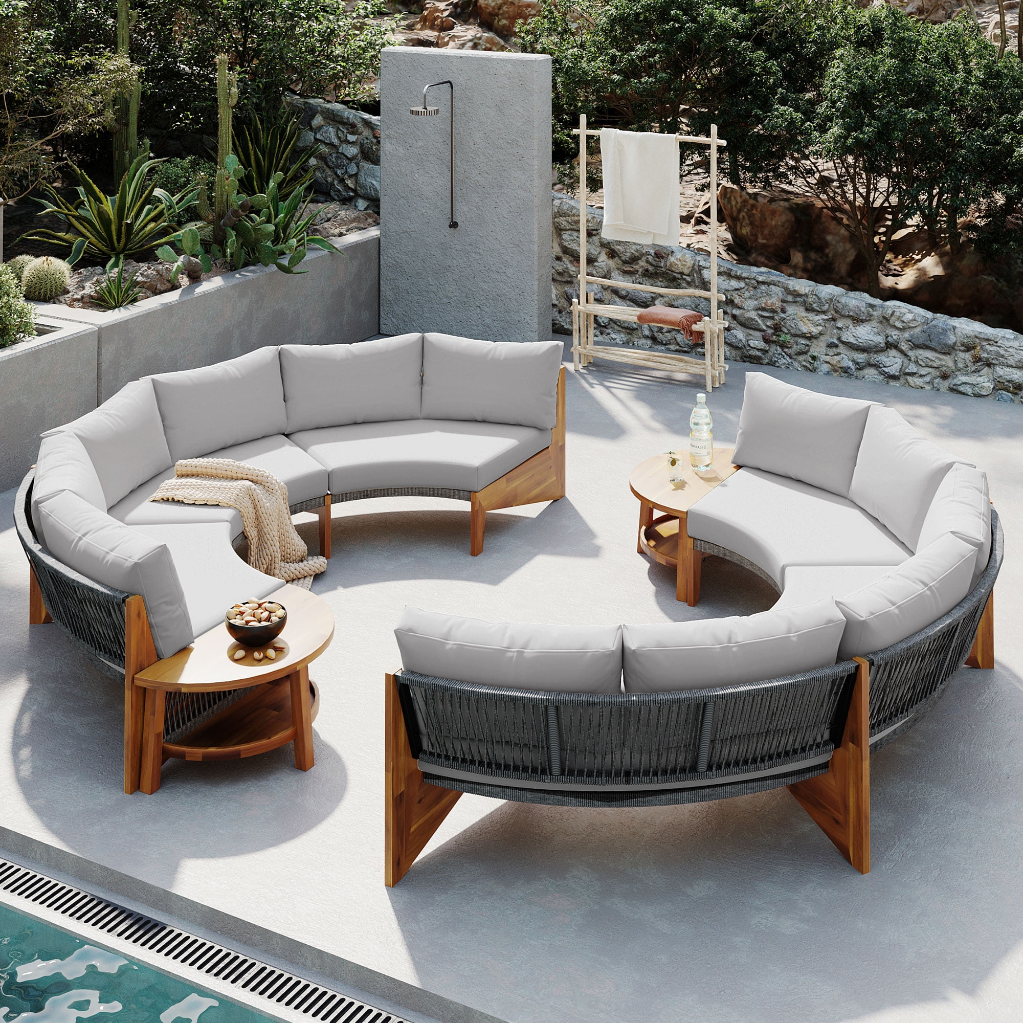 Churanty Patio Outdoor Round Conversation Set,Wood Half Moon Outdoor Sectional Sofa for 6,3 Piece Seating Group with Cushions and a Coffee Table for Patio Garden Poolside, Gray