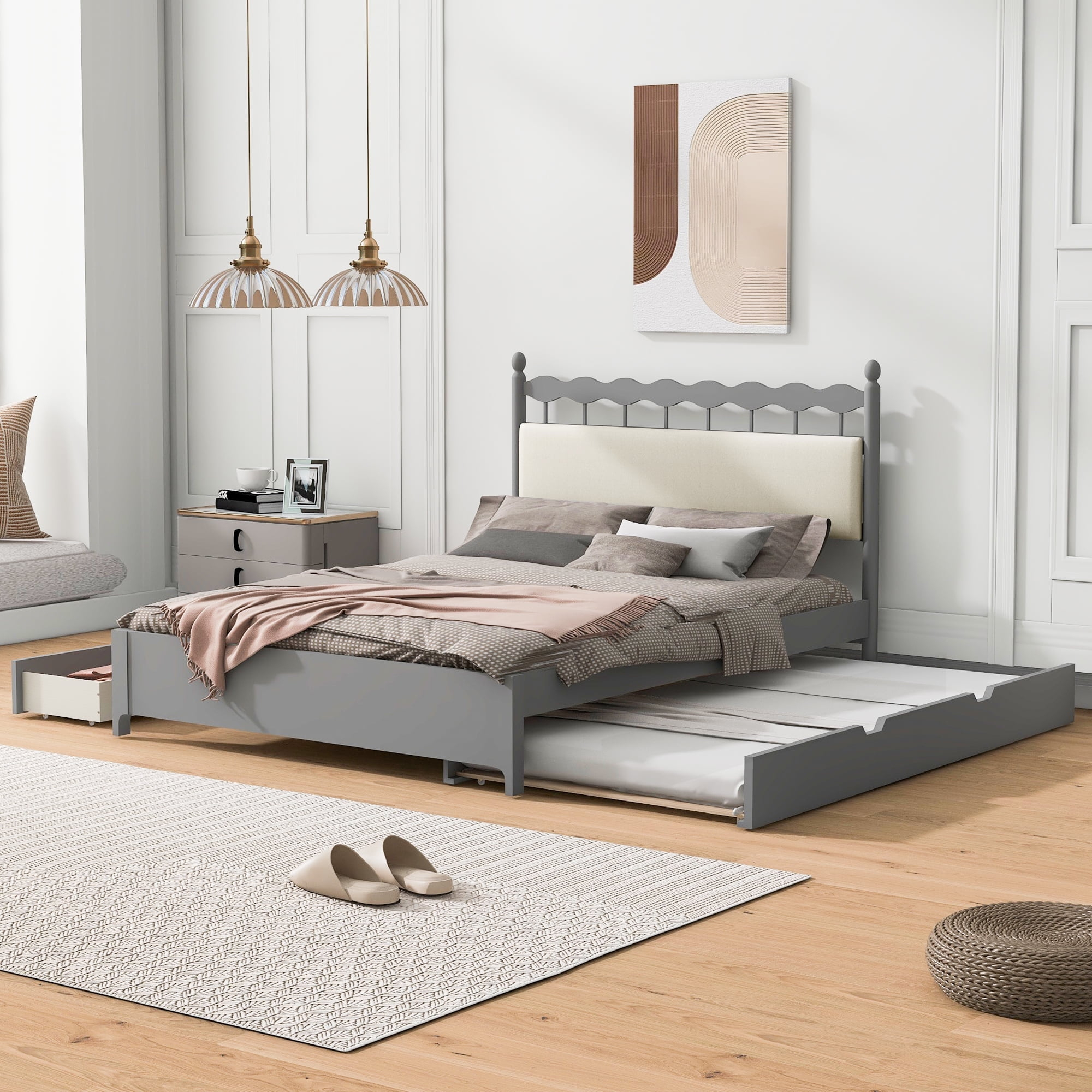 Harper & Bright Designs Queen Size Platform Bed with Trundle, Queen Wooden Bedframe with 2 Big Storage Drawers, Gray