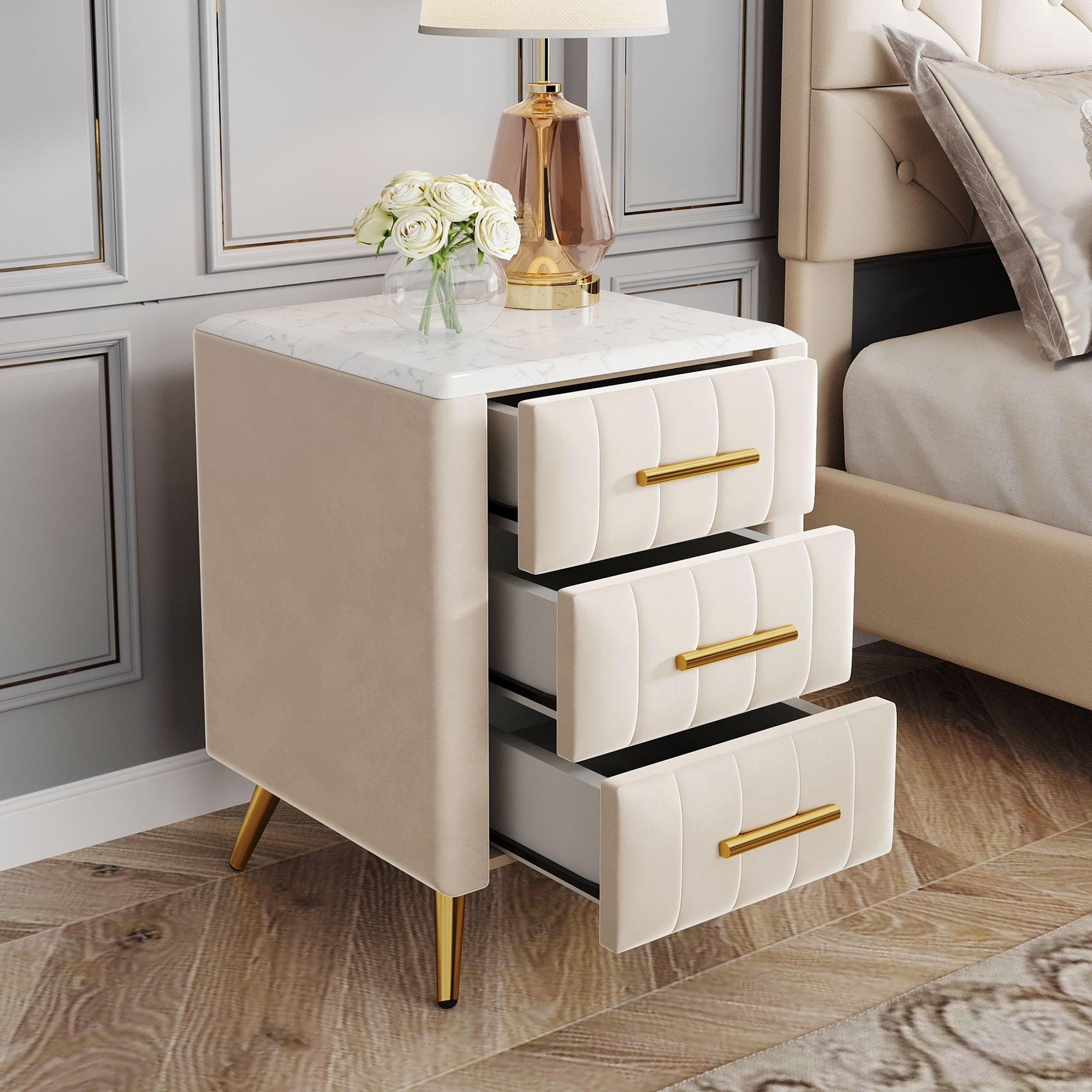 Churanty Upholstered Wooden Nightstand with 3 Drawers and Metal Legs & Handles,Bedside Table with Marbling Worktop,Beige