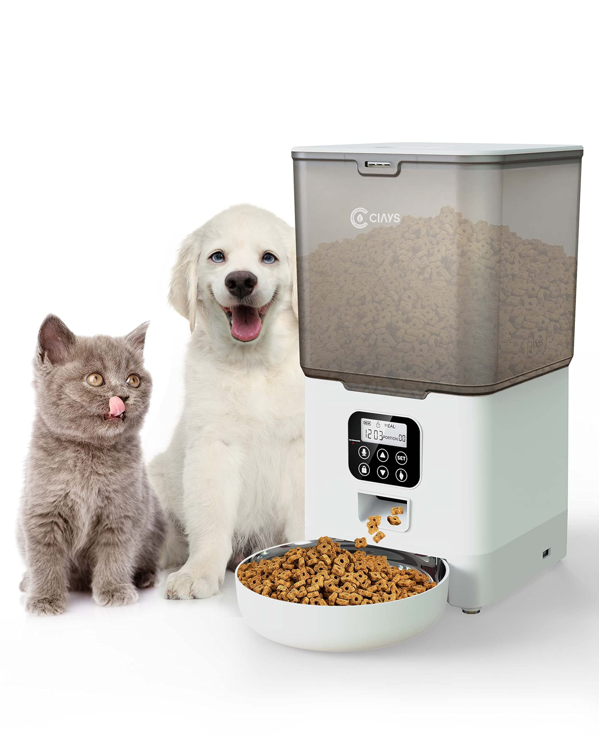 Ciays Automatic Cat Feeder, 5.6L, Control 4 Meals Per Day, Pet Dry Food Dispenser, Dual Power Supply & Voice Recorder, White C49