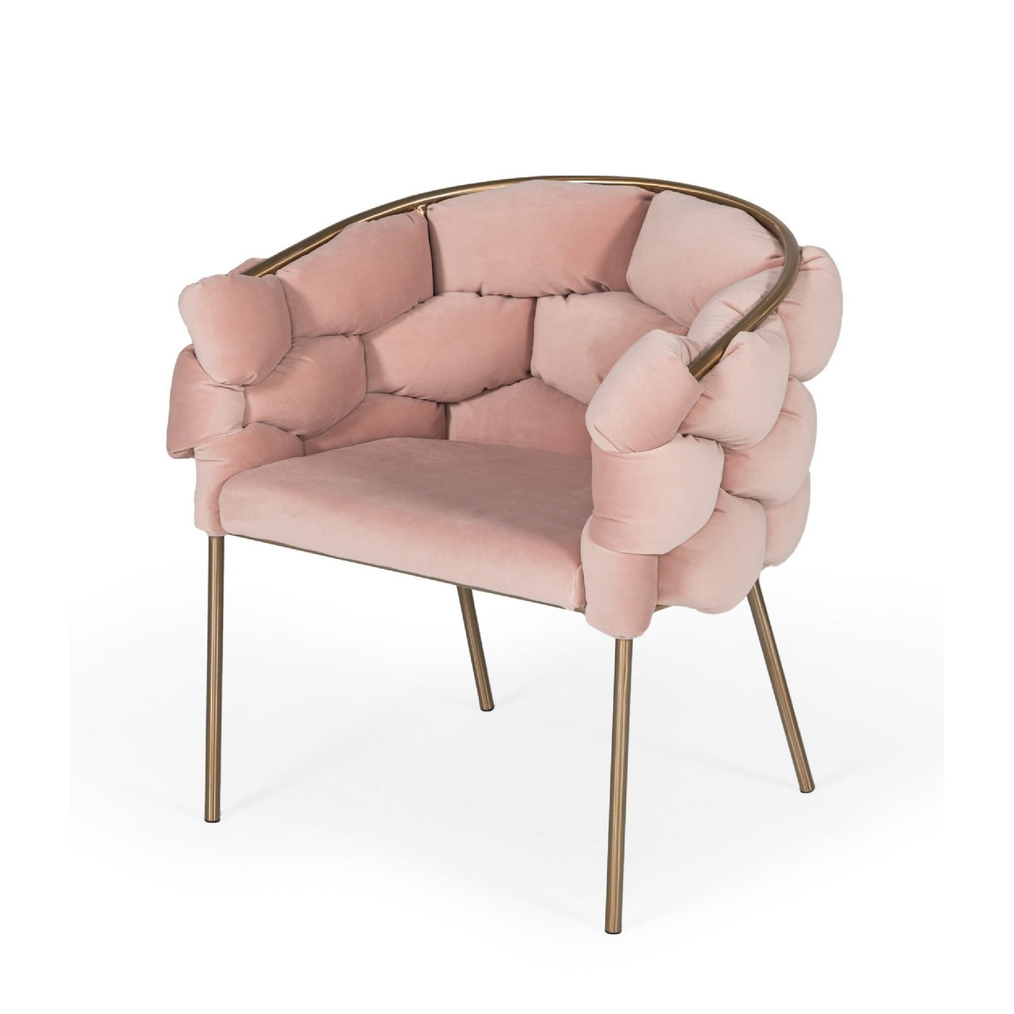 Cid 26 Inch Modern Curved Accent Chair, Deep Bubble Tufted Back, Pink, Gold