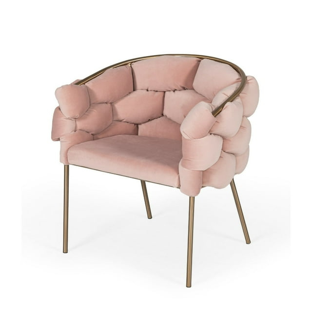 Cid 26 Inch Modern Curved Accent Chair, Deep Bubble Tufted Back, Pink, Gold