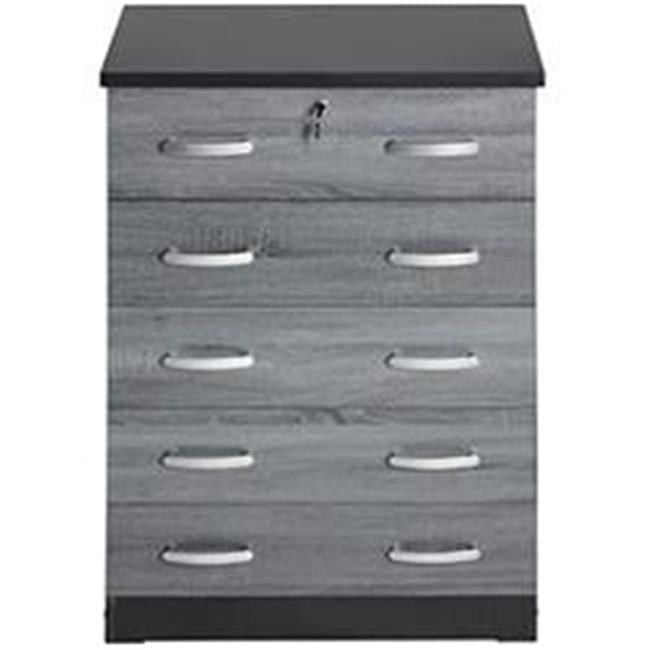 Cindy 5 Drawer Chest Wooden Dresser with Lock, Ebony Black