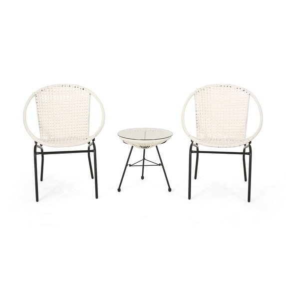 Cing Outdoor Modern 2 Seater Faux Rattan Chat Set, White and Black