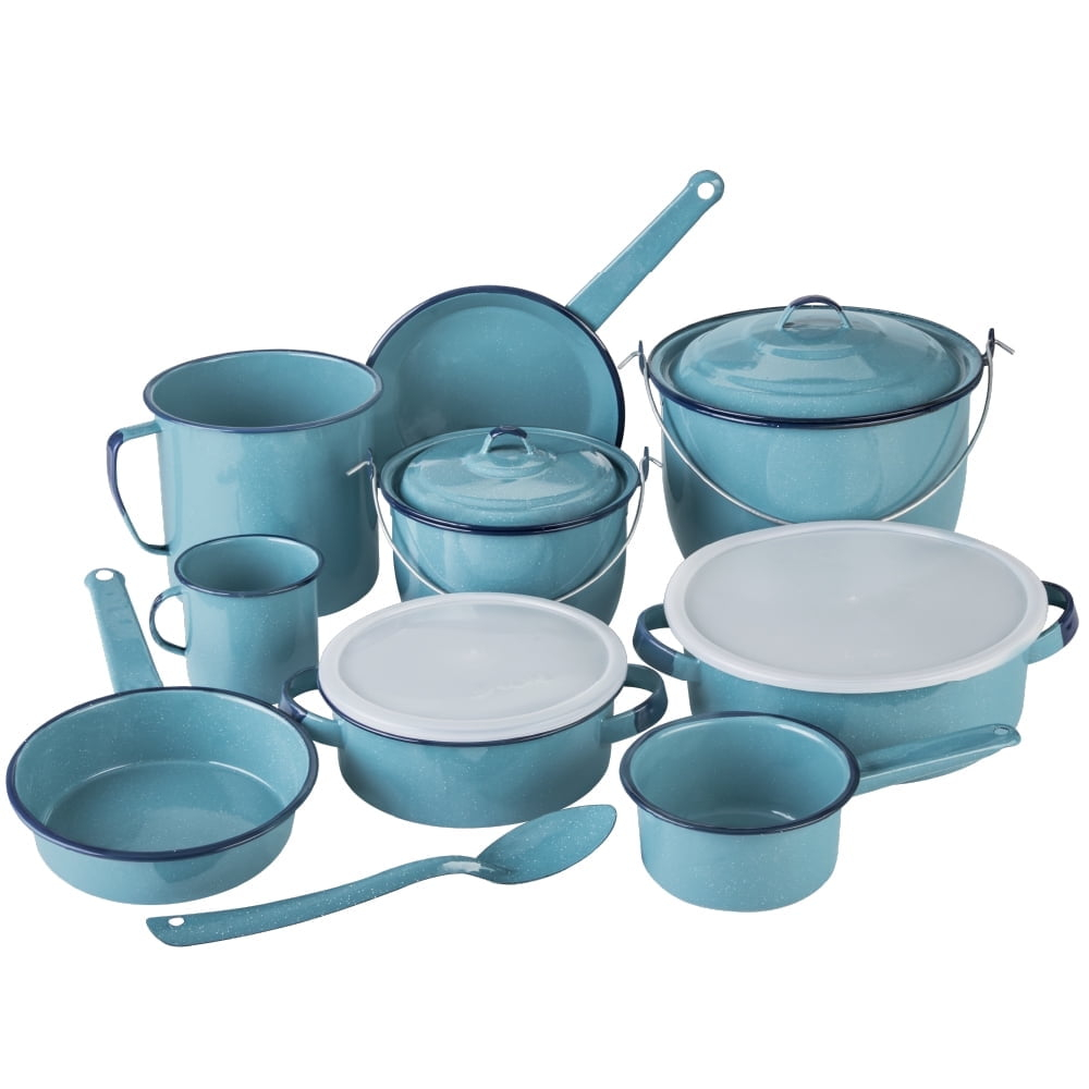Cinsa 14-Piece Enameled Steel Cookware Set, Turquoise Blue