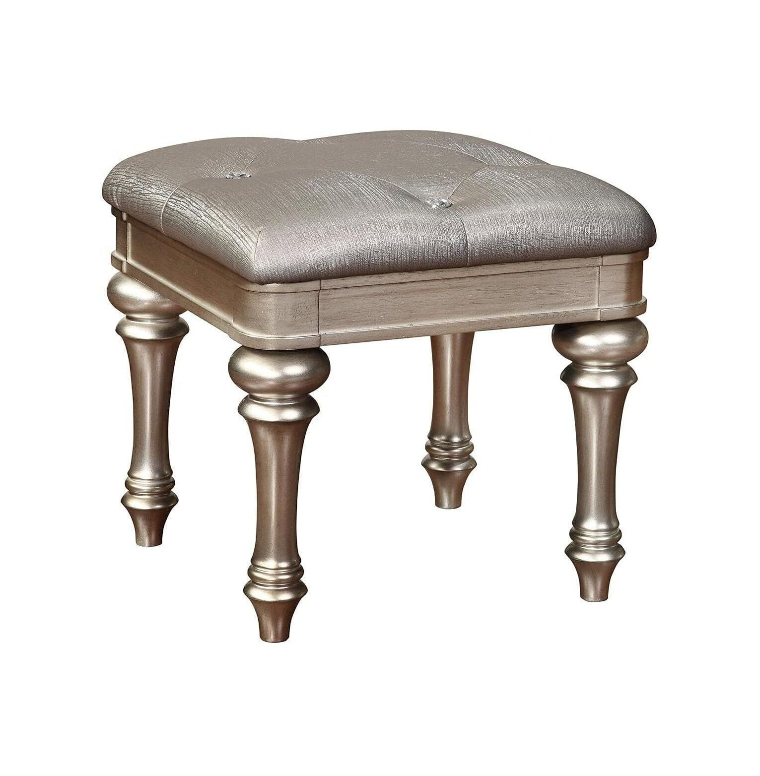 CintBllTer Bling Game Modern Glam Upholstered Accent Vanity Stool Metallic Gray Faux Leather Silver Finish