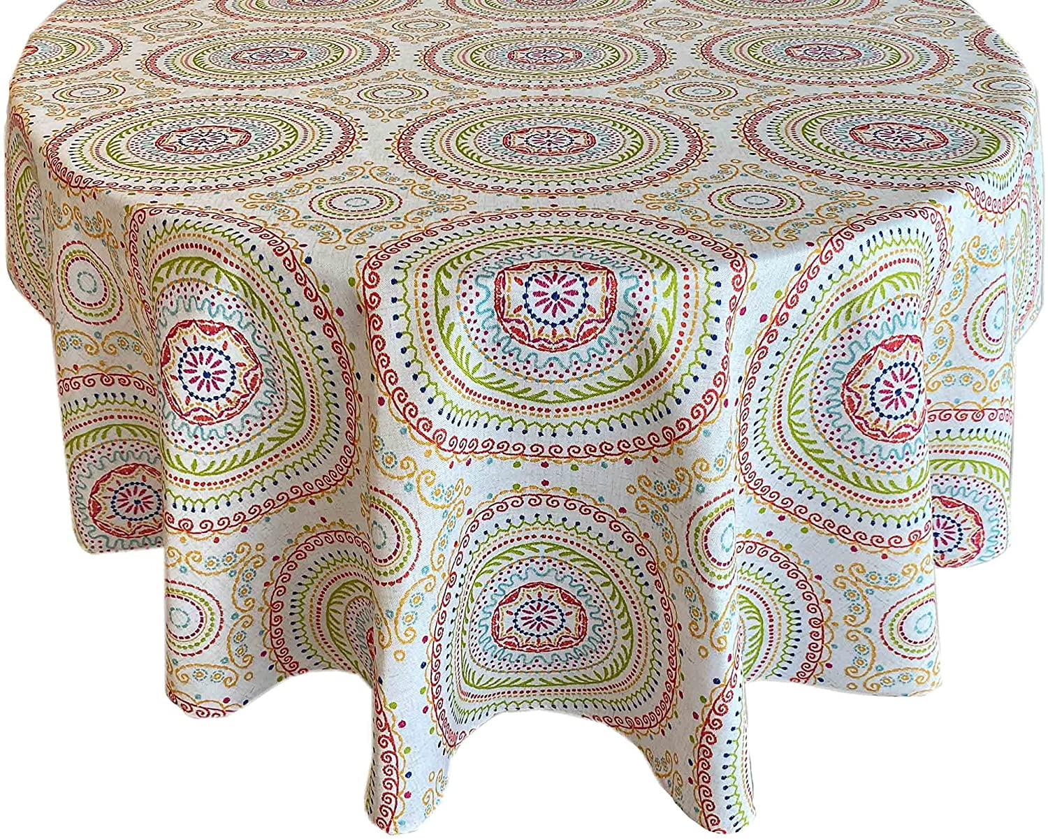 Newbridge 70 Inch Round Fabric Tablecloth, Coral and Green Circle Stitch, Indoor Outdoor No Iron Soil Resistant Dining Room, Party and Banquet Table Cover, Modern Boho Chic Print